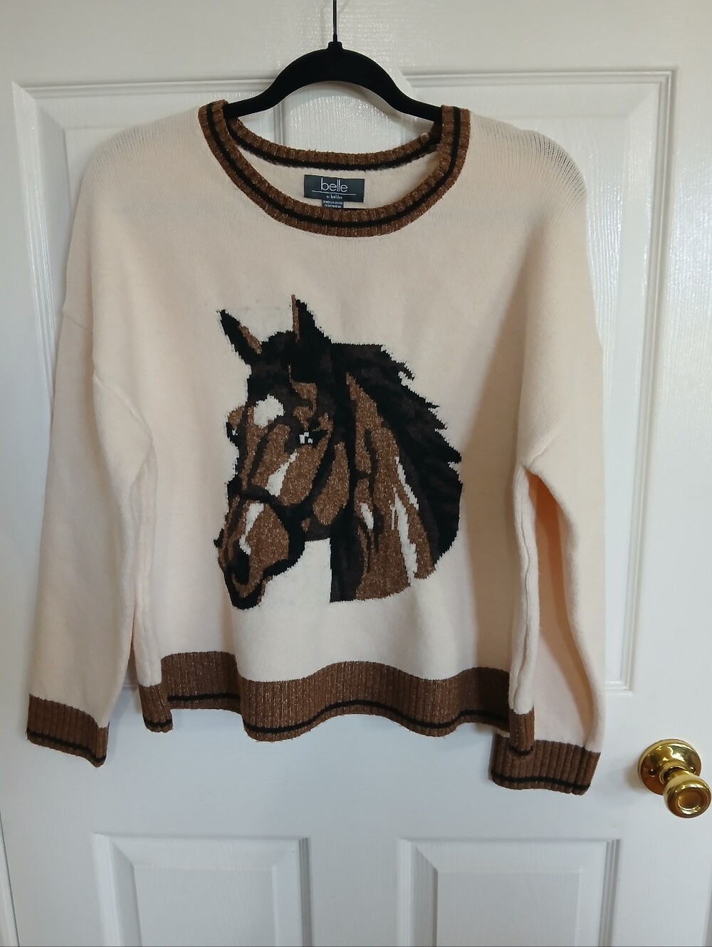 Belle Cream Sweater with Brown & Black Horse Graphic Equestrian Country Cpwgirl